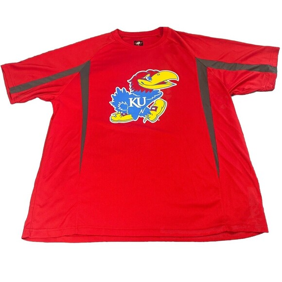 University of Kansas Men’s Red Short Sleeve JAY HAWK Polyester T Shirt Sz XXL - Picture 1 of 5